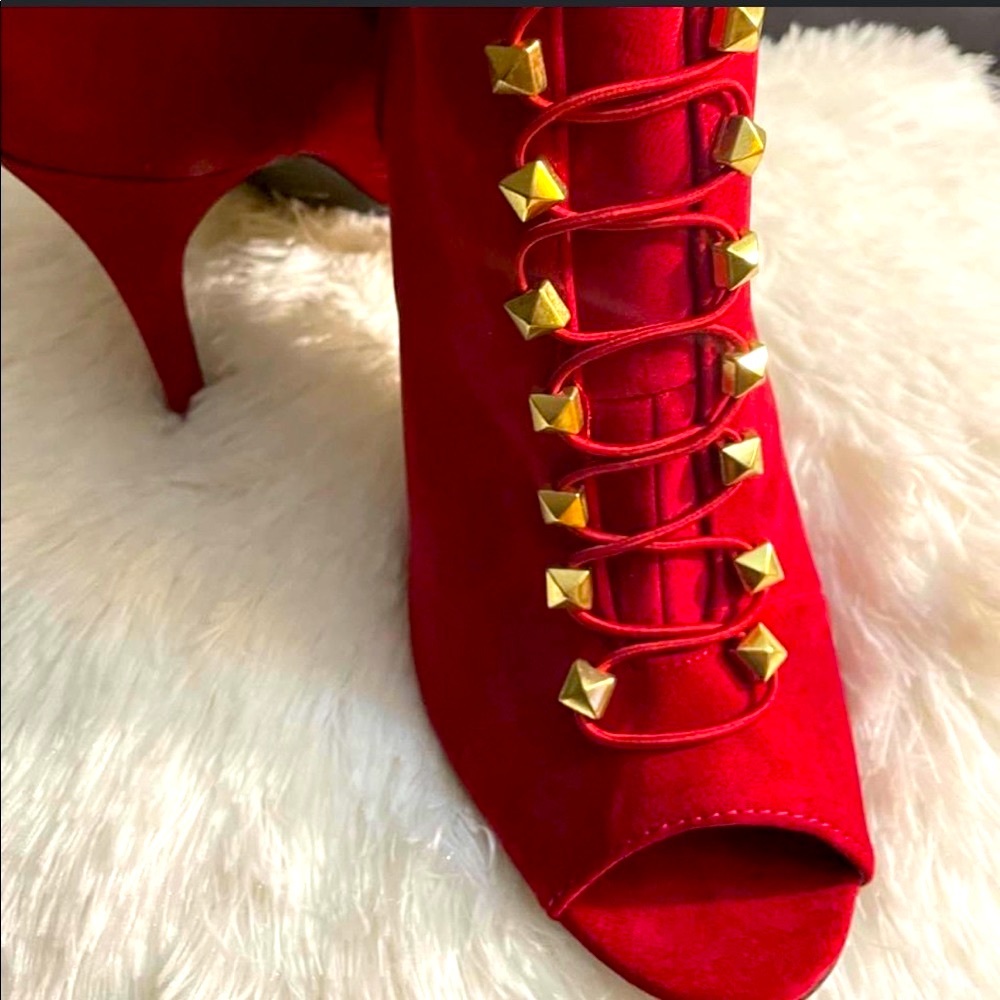 DollHouse Red Studded peep-toe lace rage suede Booties.